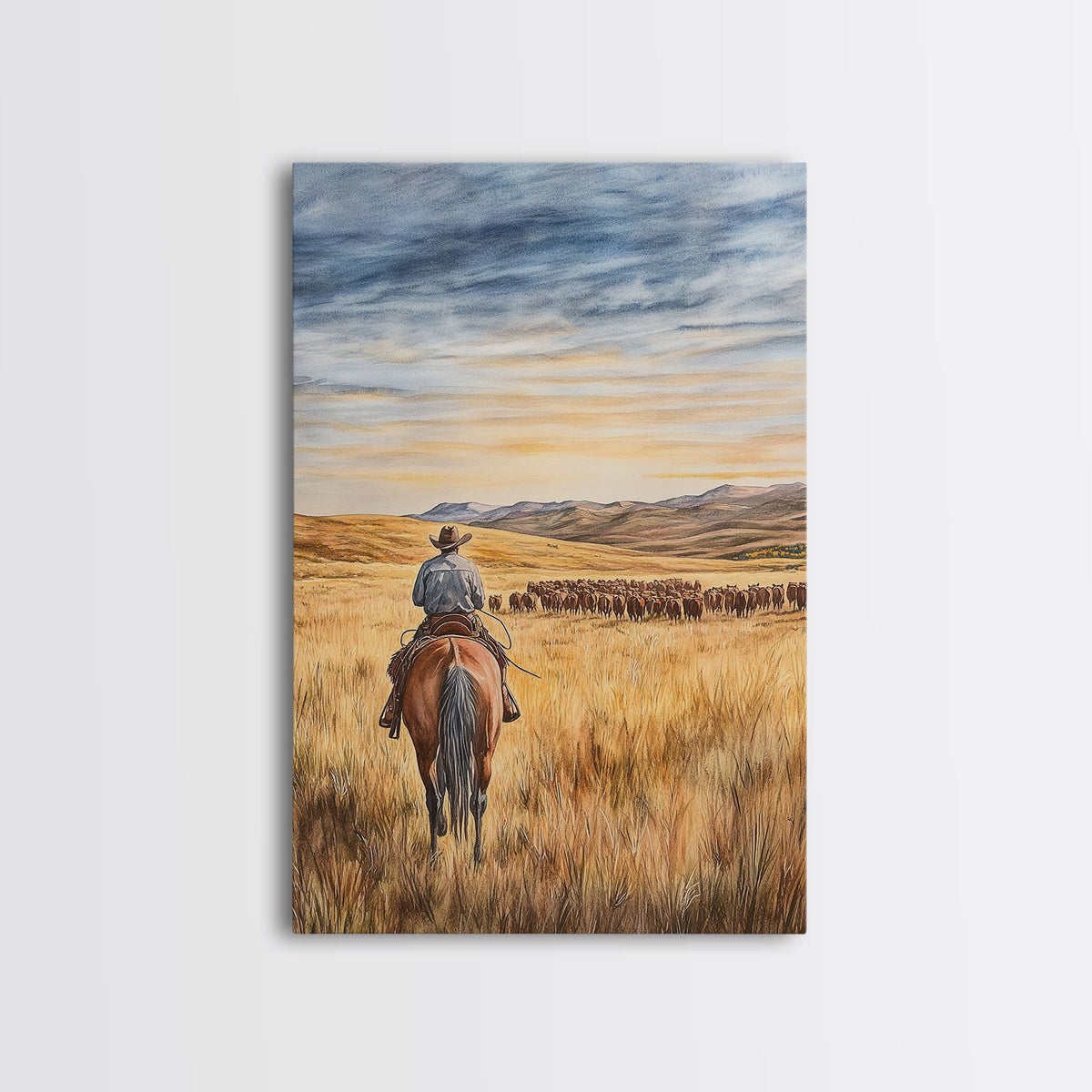 Cowboy leading cattle across golden prairie, Framed Canvas Print, western landscape wall art for rustic farmhouse decor, gift idea holiday