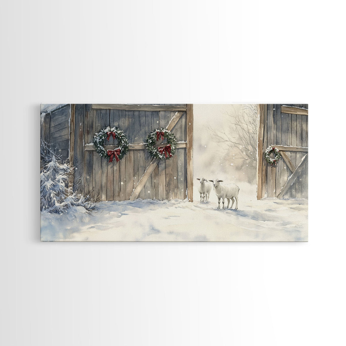 Christmas decor farmhouse Framed Canvas Print snowy barn Christmas scene holiday wall art best gift Christmas decor Christmas tree art 2024