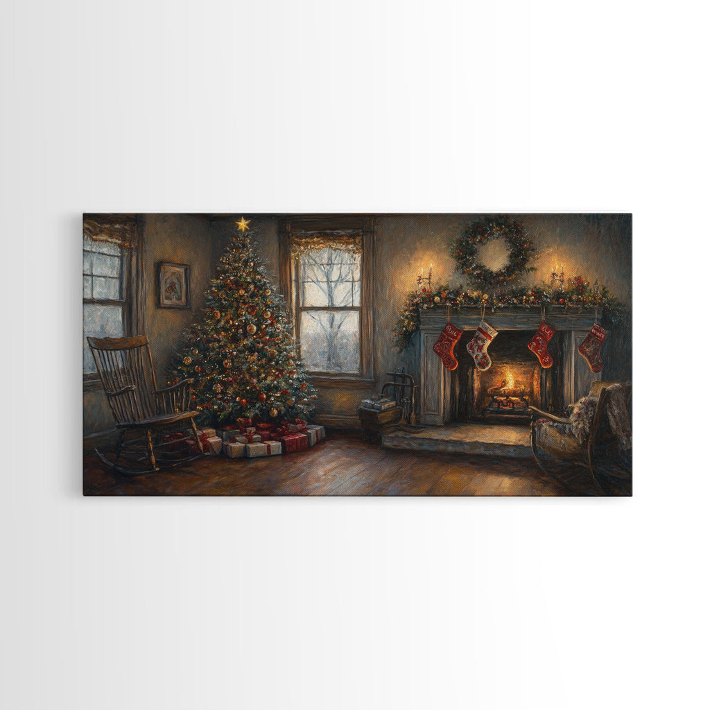 Traditional Christmas Living Room Framed Canvas Print with Tree and Stockings, Rustic Christmas Decor, Best Holiday Gift Wall Art