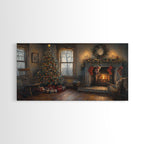 Traditional Christmas Living Room Framed Canvas Print with Tree and Stockings, Rustic Christmas Decor, Best Holiday Gift Wall Art