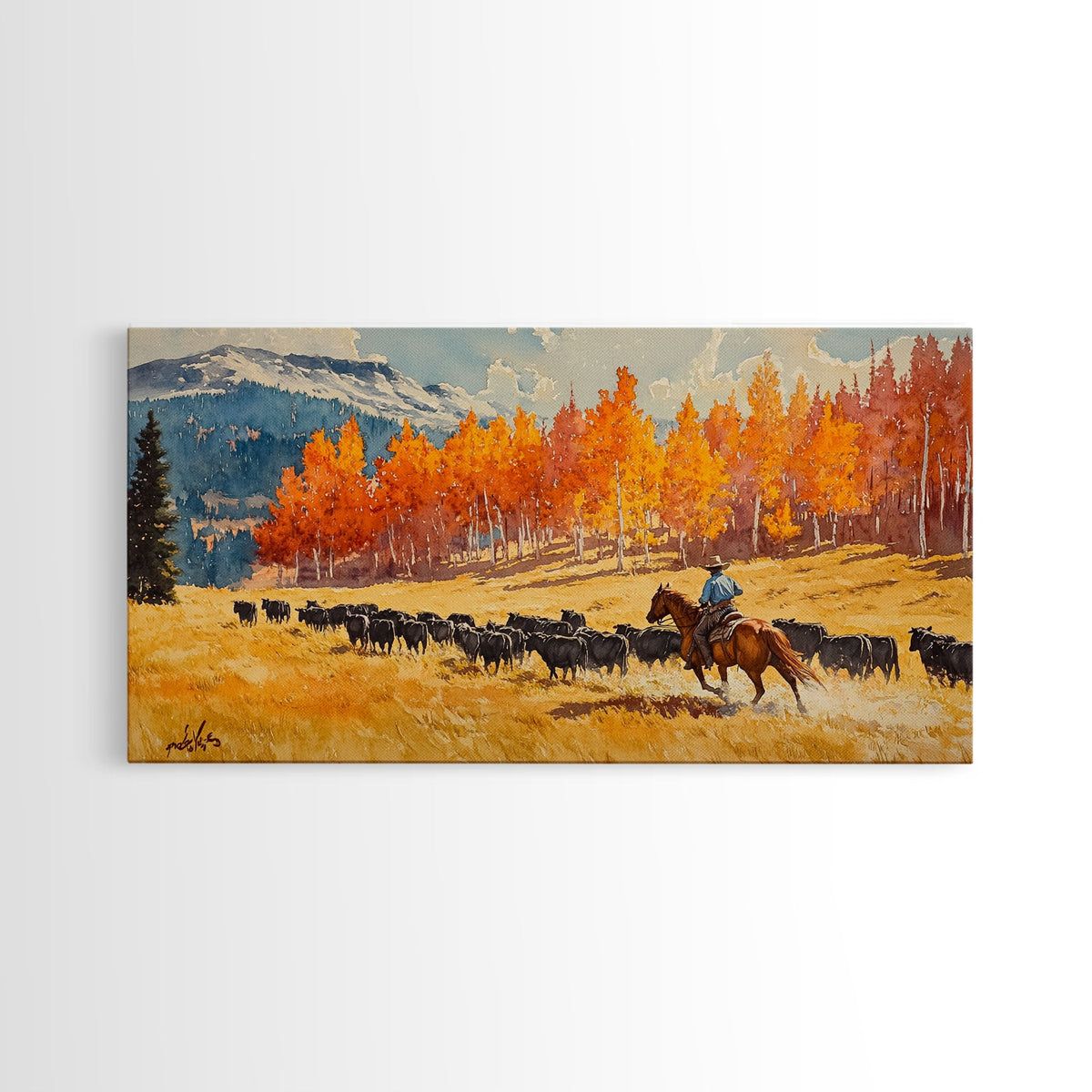Cowboy Herding Cattle Under Mountains Framed Canvas Print Tall Art Autumn Country Landscape Fall Decor Western Wall Art Farmhouse Gift Idea