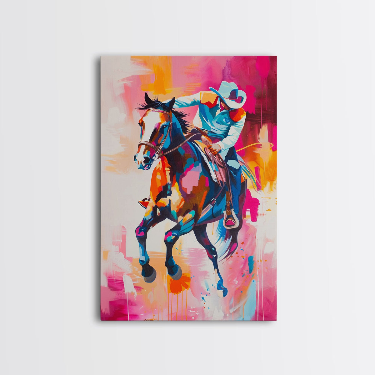 Colorful Cowboy Riding Horse Art - Framed Canvas Print, Vibrant Western Decor, Unique Living Room Wall Art, Home Decor