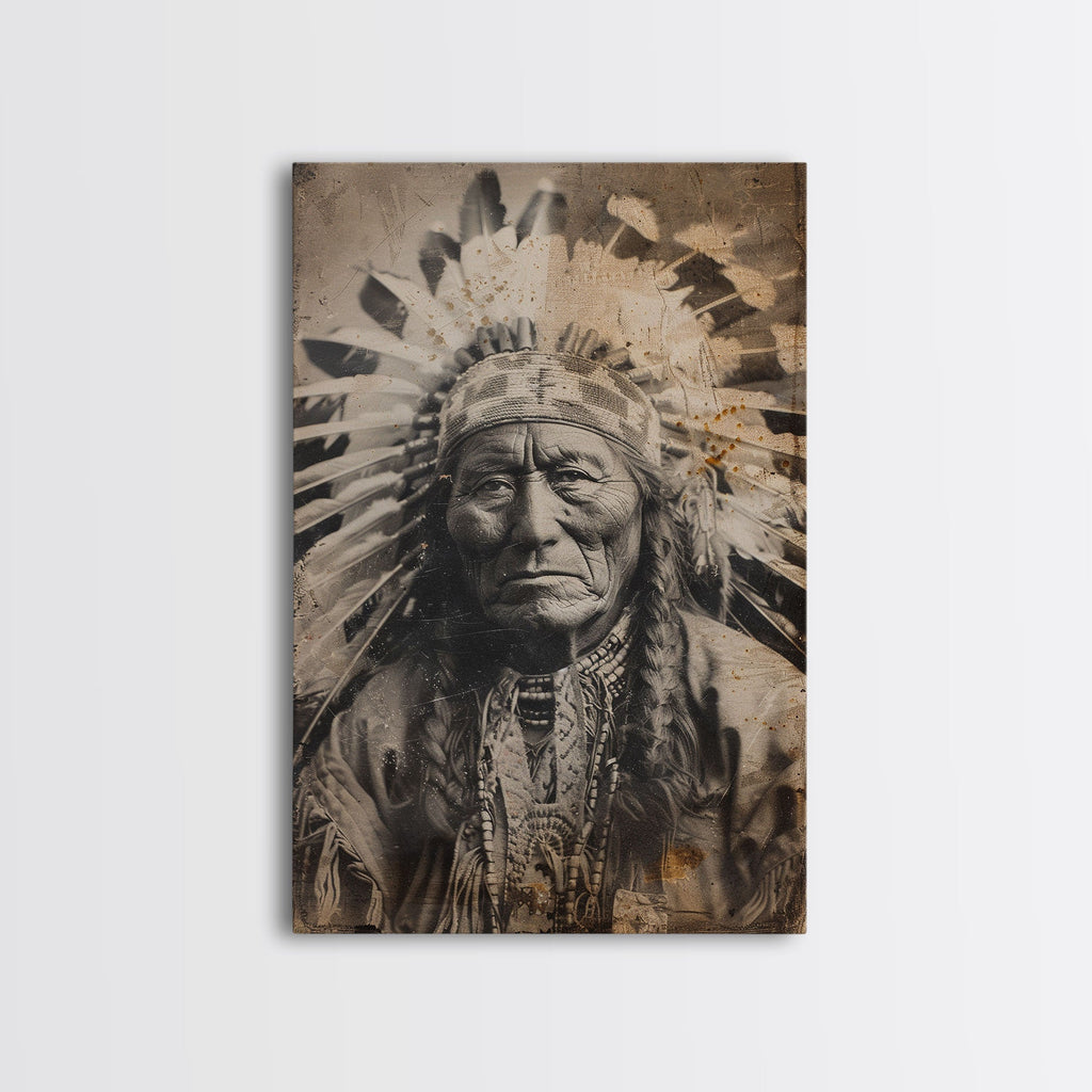 Native American Chief Portrait - Sepia Canvas Print, Historical Wall Art, Indigenous Art for Home, Rustic Native American Decor