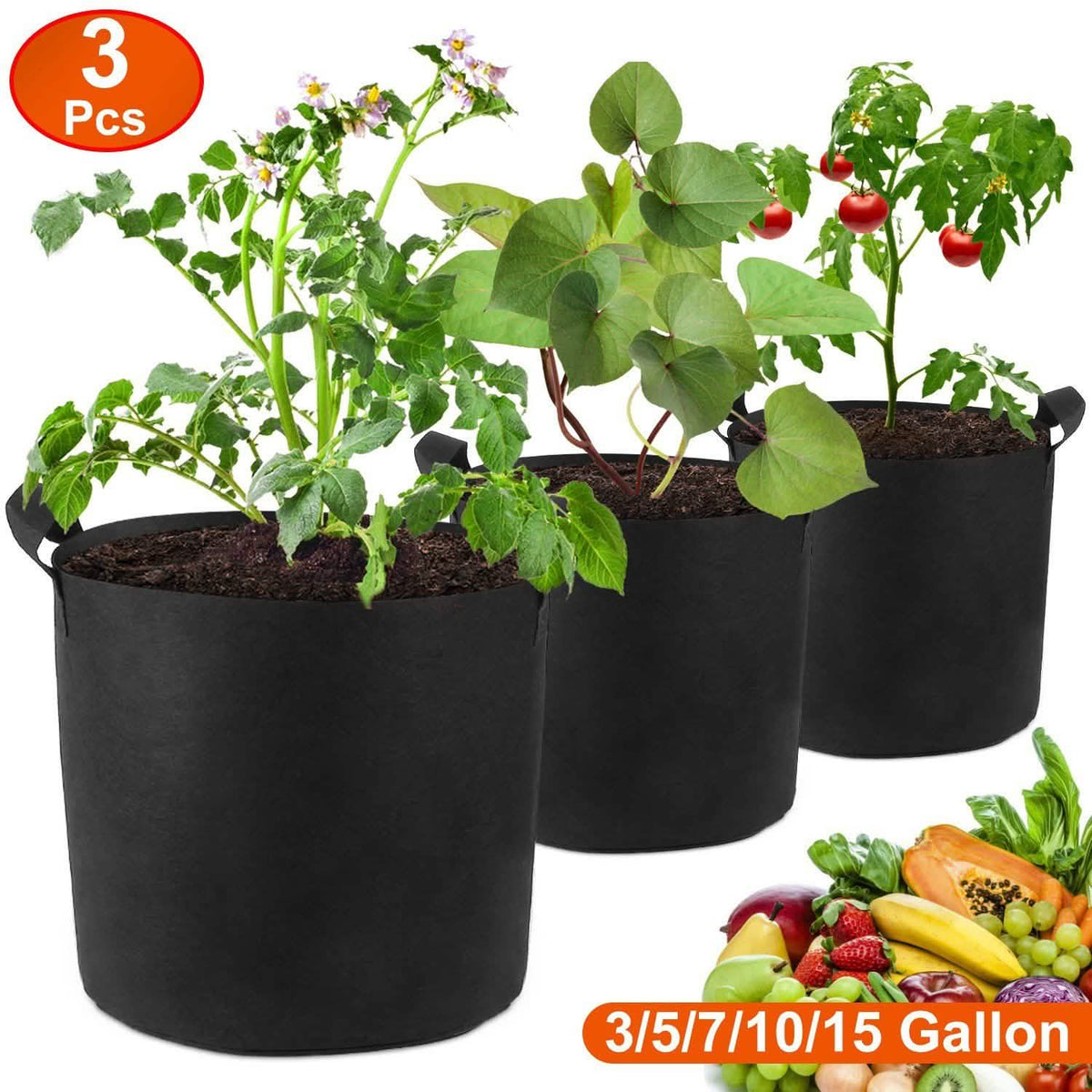 3-Pack: Planter Bags Breathable Planting Fabric Pots with Harvest Window
