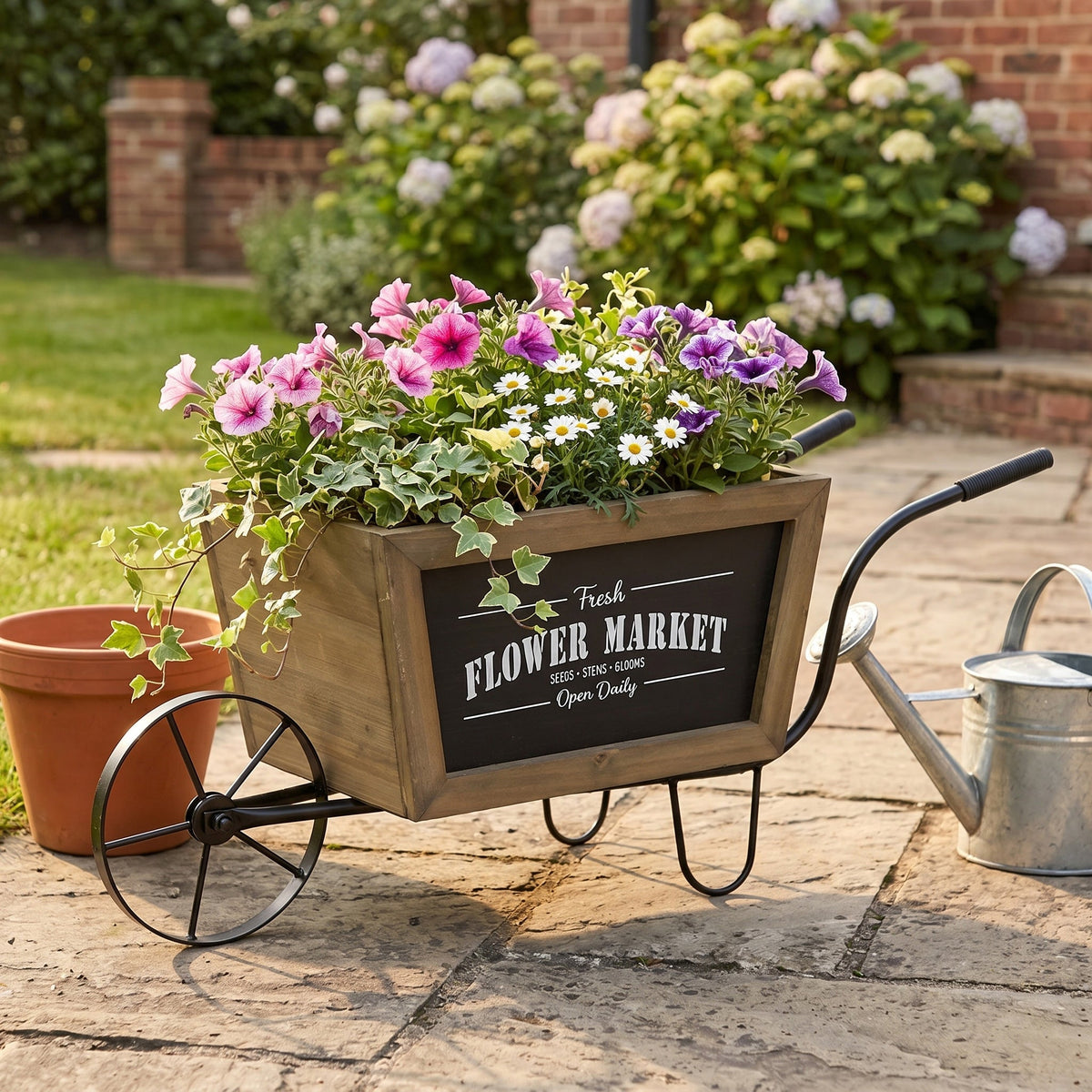 Farmhouse Wheelbarrow Planter with Flower Market Sign - Wood & Iron
