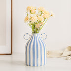 Hand drawn dual ear striped niche ceramic vase dining table flower arrangement ornament large belly simple floral ware — product image