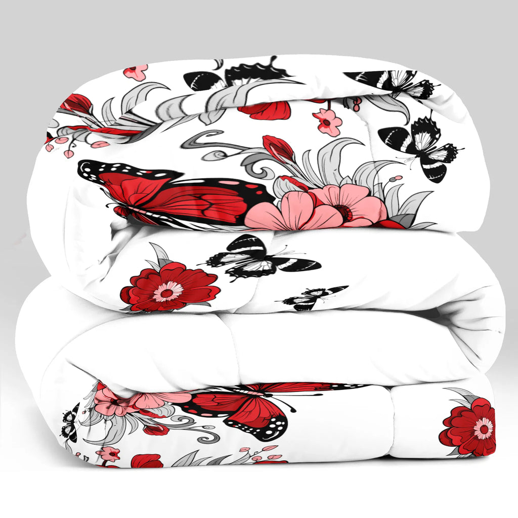 4-Piece Red Butterfly Floral Bedding Set - Microfiber Duvet Cover + Pillow Shams + Fitted Bed Sheet