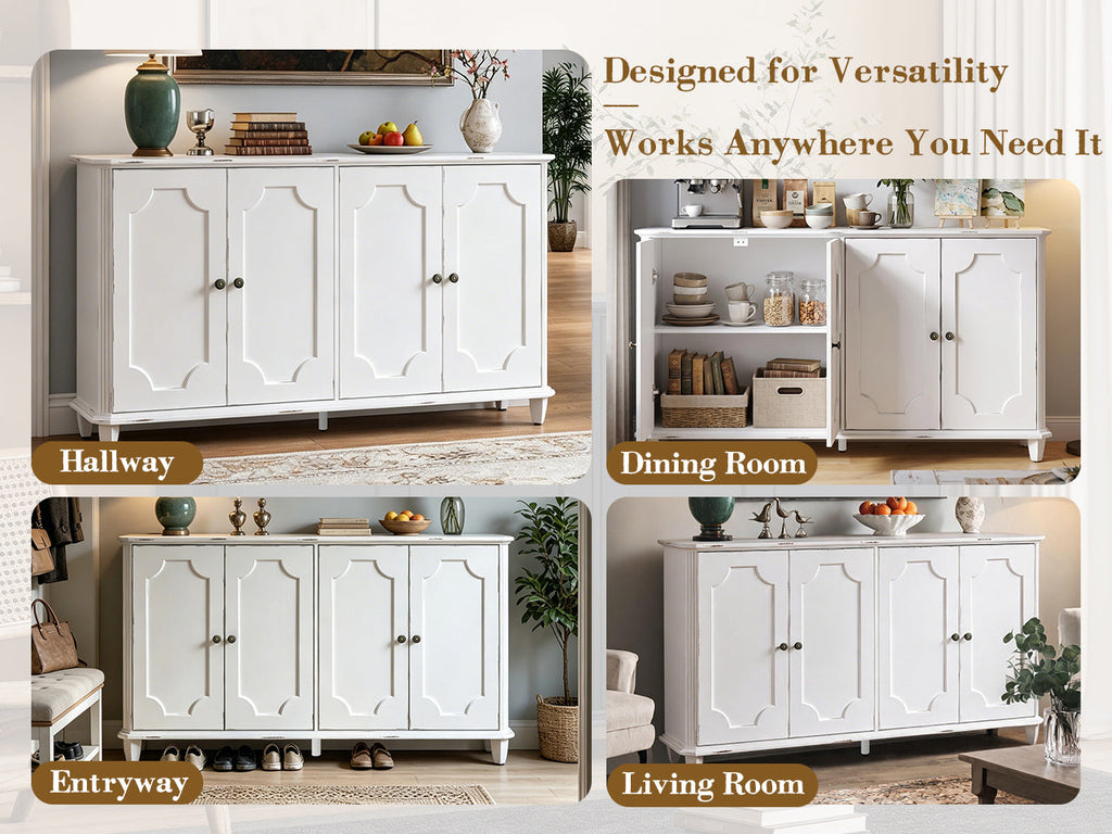 Vintage Distressed Sideboard Buffet Cabinet with Ample Storage - Distressed White