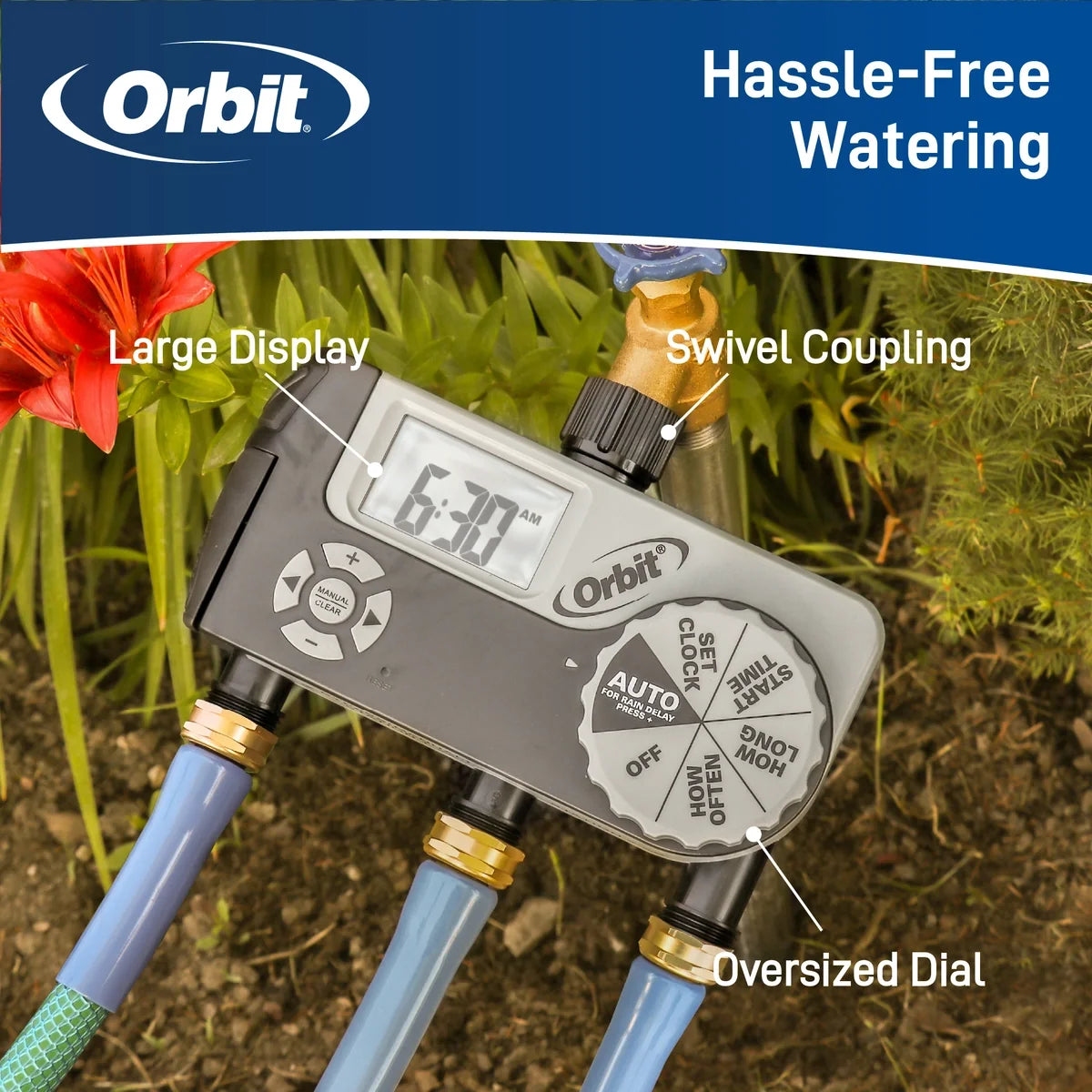Orbit 3-Outlet Hose Faucet Timer – Two Programmable Outlets (56233D)