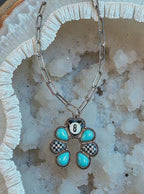 Turquoise & Checkered 8 Ball Flower Pendant Necklace – Western Statement Chain