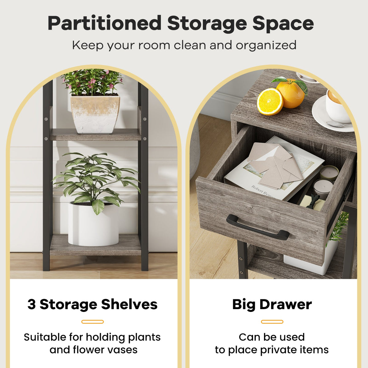 3 Tier Tall Plant Stand with Drawer Anti-tipping Devices-Gray