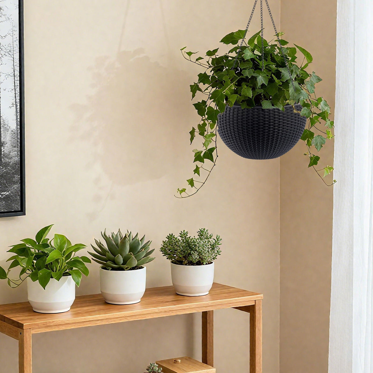 Self Watering Hanging Planter with Water Level Indicator - White, Black, or Dark Brown
