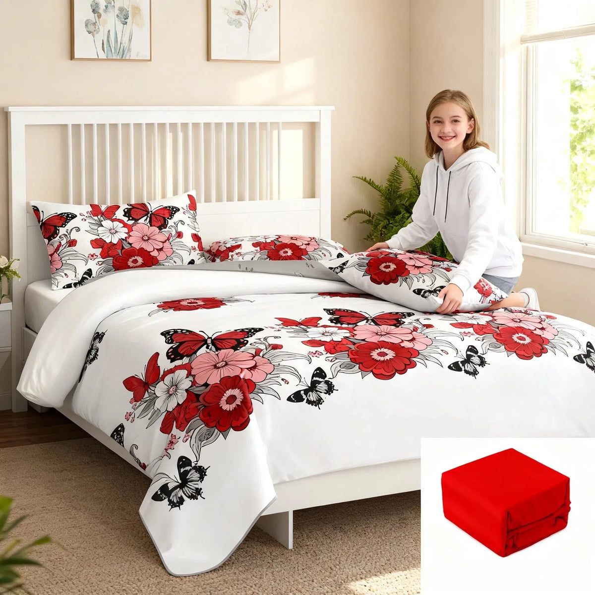 4-Piece Red Butterfly Floral Bedding Set - Microfiber Duvet Cover + Pillow Shams + Fitted Bed Sheet