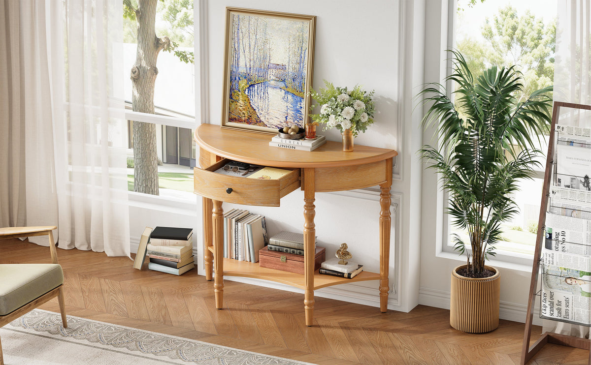 Farmhouse Half Moon Console Table with Drawer & Shelf - Rustic Finish