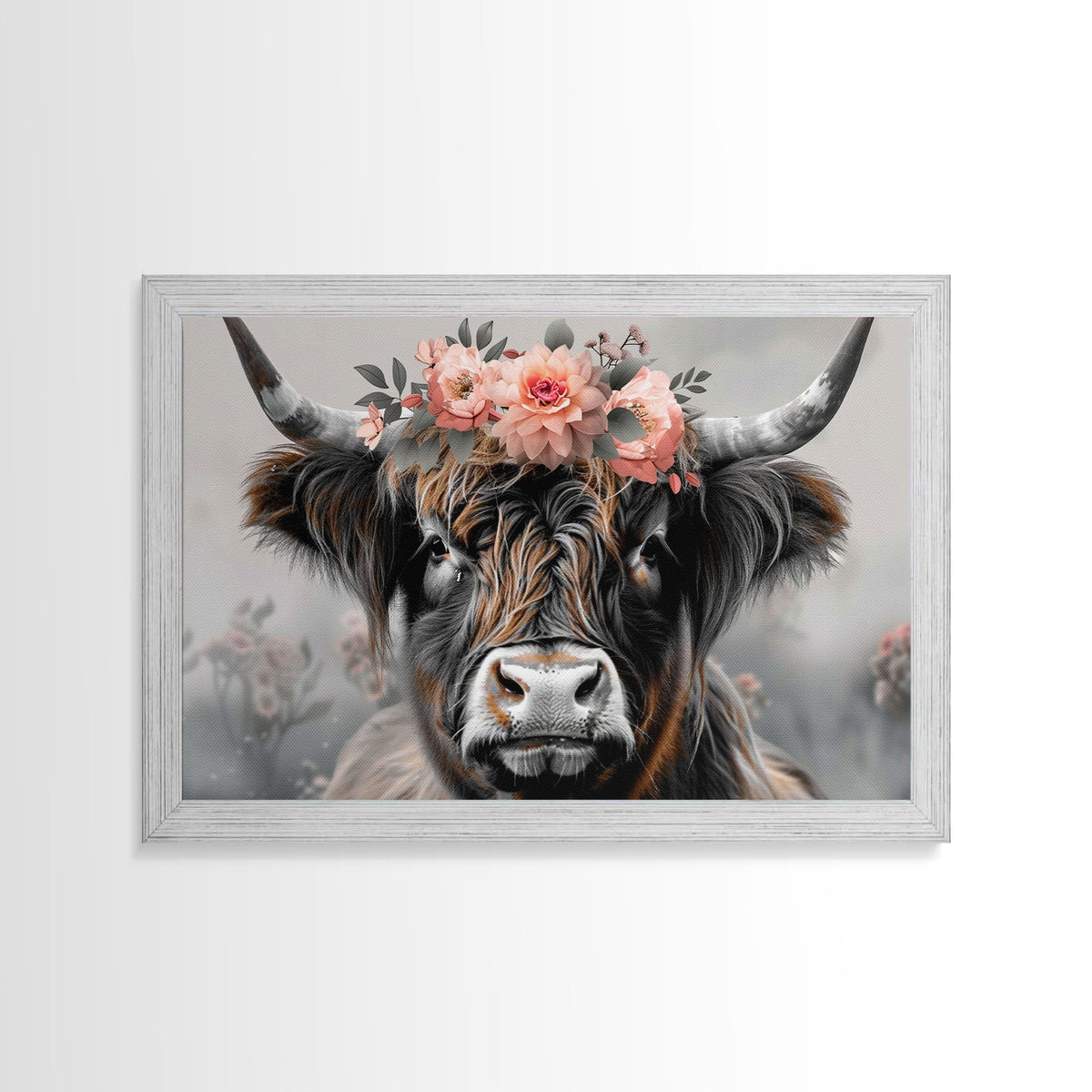Framed Wall Art Texas Cattle, Wood Framed Canvas Print, Farmhouse Decor, Minimalist Rustic Farmhouse Painting, Vacation Home Decor, Western