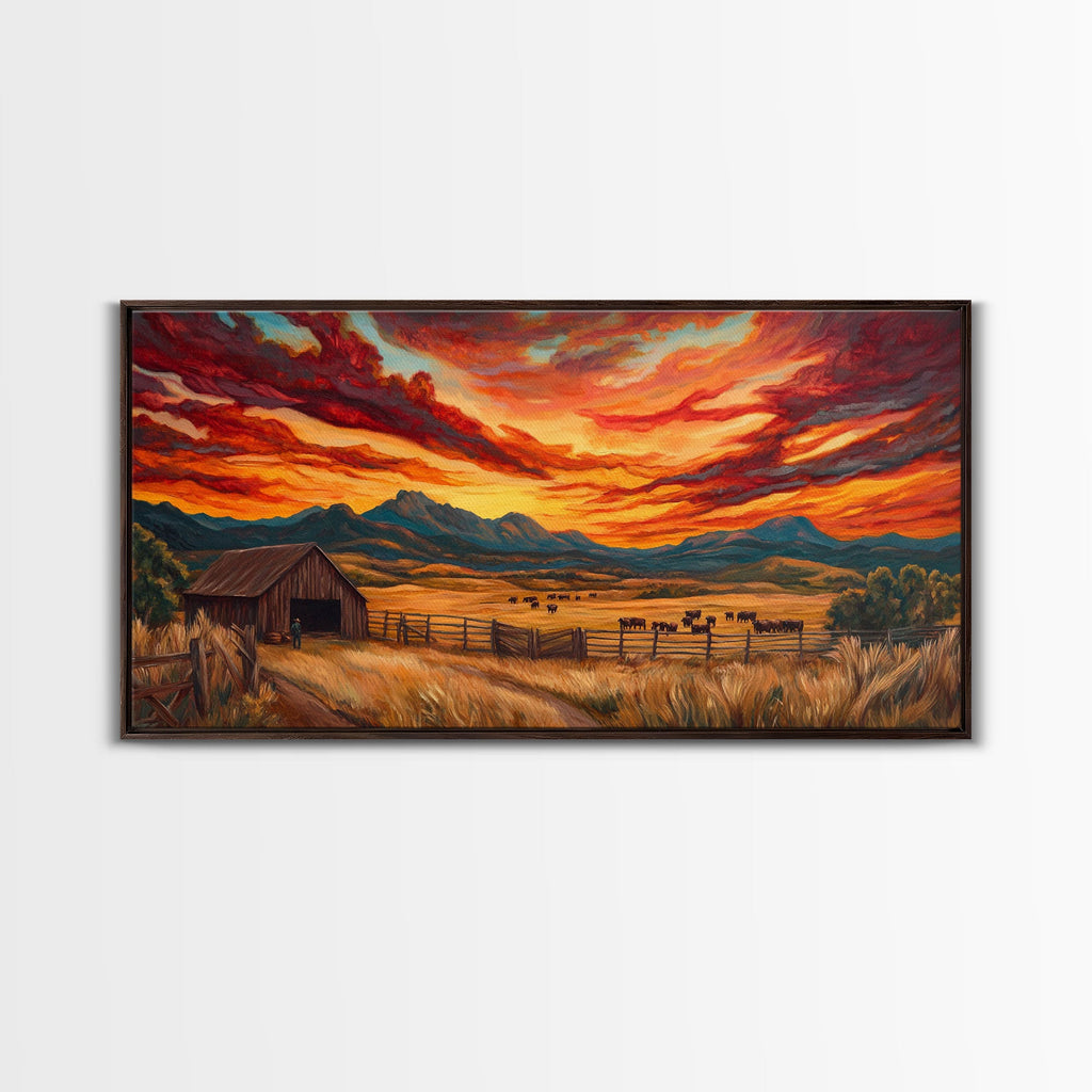 Sunset Ranch Framed Canvas Print Western Farmhouse Landscape Autumn Wall Art Large Fall Country Home Decor Above Sofa Art Piece