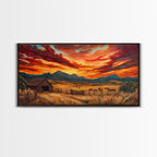 Sunset Ranch Framed Canvas Print Western Farmhouse Landscape Autumn Wall Art Large Fall Country Home Decor Above Sofa Art Piece