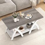 40 Inch Farmhouse Wooden Coffee Table with Storage Shelf with X-shaped Legs-Gray