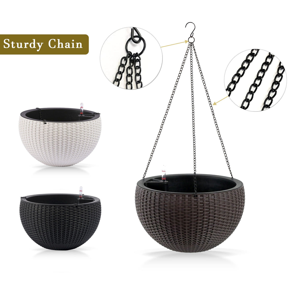 Self Watering Hanging Planter with Water Level Indicator - White, Black, or Dark Brown