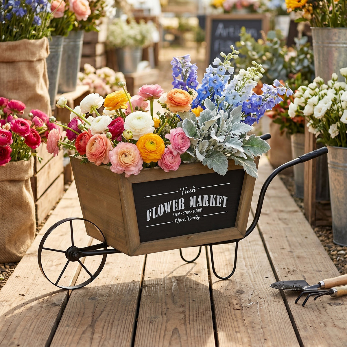 Farmhouse Wheelbarrow Planter with Flower Market Sign - Wood & Iron