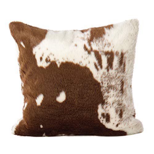Fennco Styles Rustic Faux Fur Cow Hide 18 x 18 Inch Decorative Throw Pillow with Case & Insert – Brown Fur Pillow for Couch, Bedroom and Living Room Décor