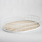 Oval Metal & Wood Decorative Tray — Rustic White Accent Tray for Home