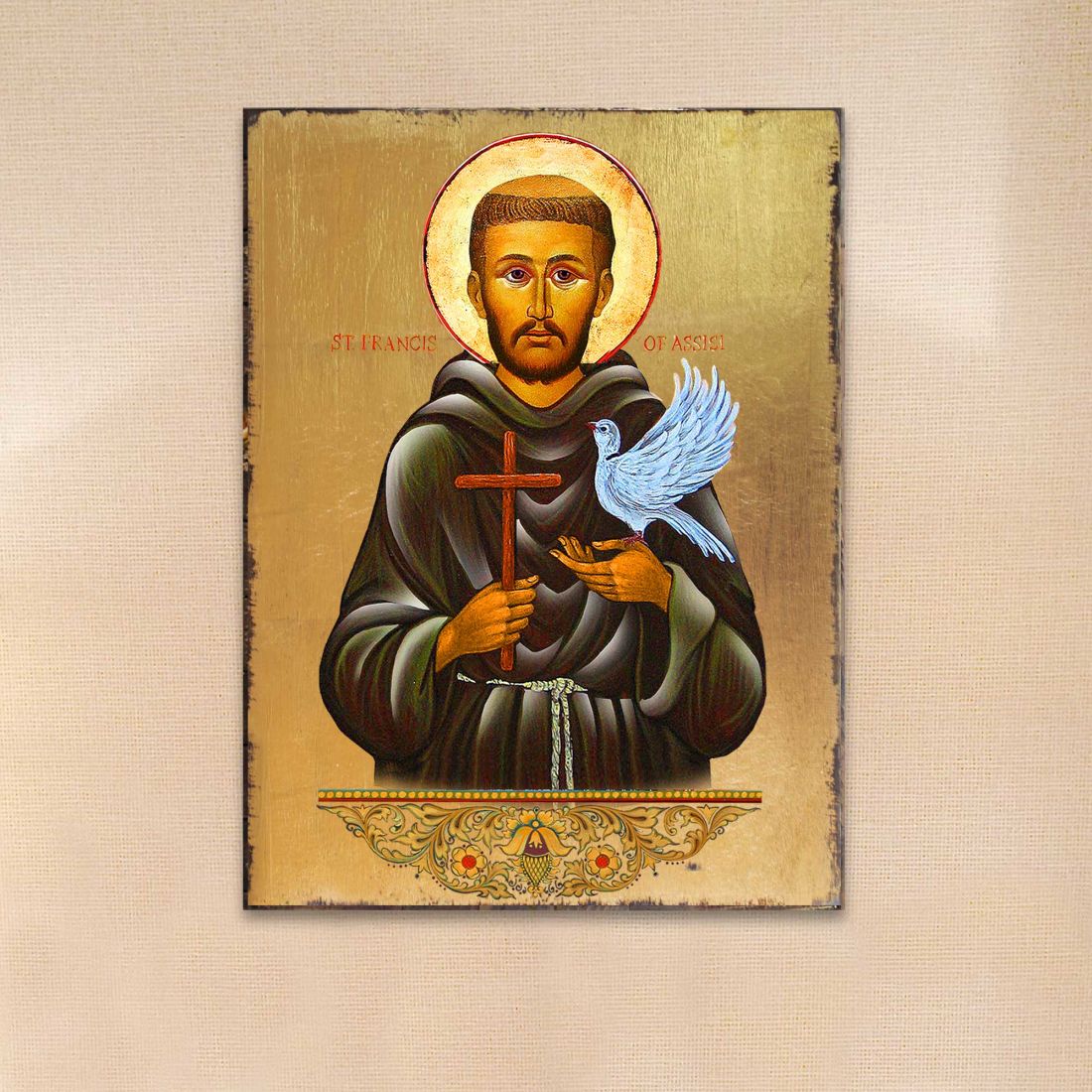 Saint Francis Wooden Gold Plated Religious Christian Sacred Icon - Inspirational Icon Decor - 85024