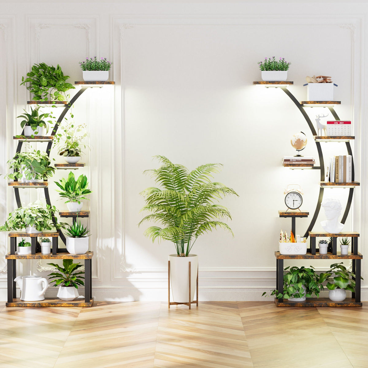 9 Tiered Indoor Plant Stand with 5 Adjustable Grow Lights - Light Brown
