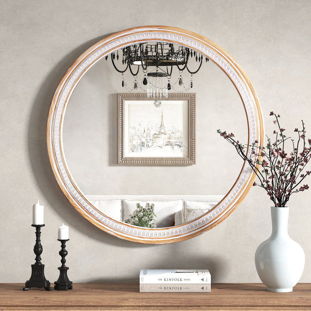 30" Round Solid Wood Farmhouse Wall Mirror - Rustic Boho Circle Mirror