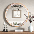30" Round Solid Wood Farmhouse Wall Mirror - Rustic Boho Circle Mirror