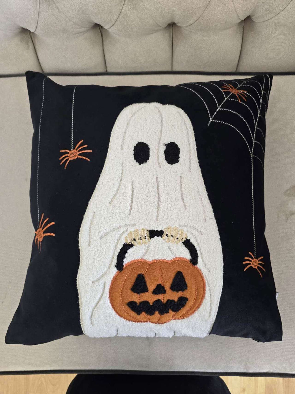 Halloween Ghost Throw Pillow with Embroidered Pumpkin Bucket - Velvet