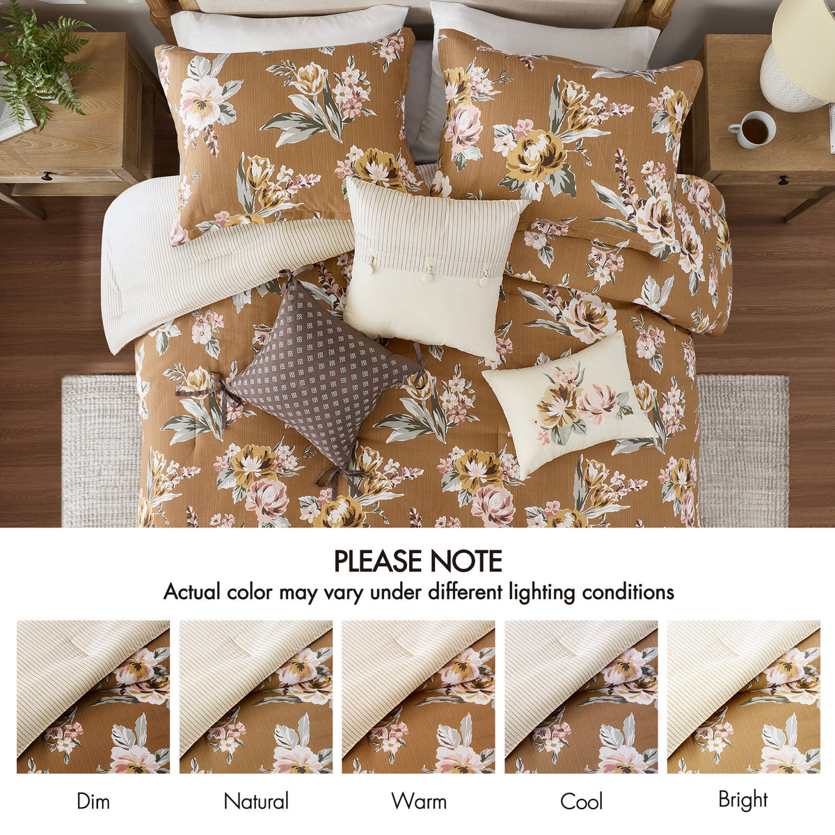 7-Piece Queen Vin Floral Comforter Set with Floral Design - Terracotta