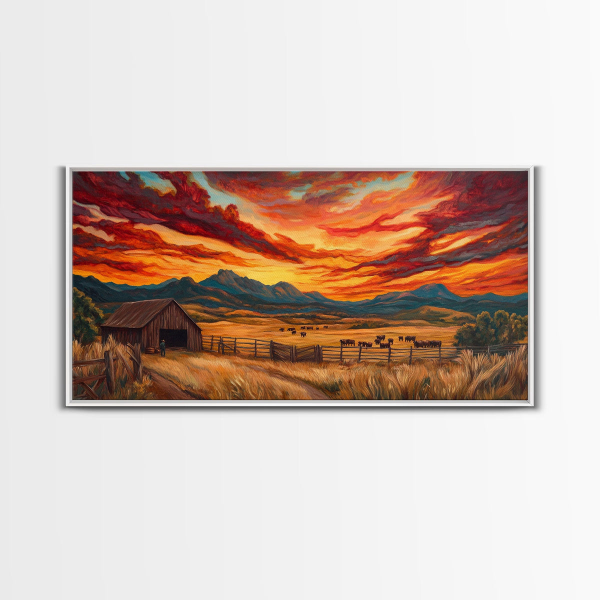 Sunset Ranch Framed Canvas Print Western Farmhouse Landscape Autumn Wall Art Large Fall Country Home Decor Above Sofa Art Piece