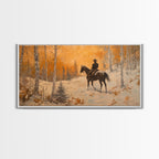 Cowboy riding horse through deep snow in a winter storm, Framed Canvas Print, dynamic winter wall art, rustic western home decor