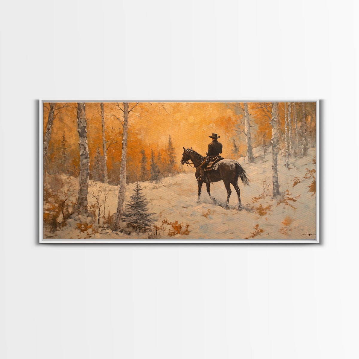 Cowboy riding horse through deep snow in a winter storm, Framed Canvas Print, dynamic winter wall art, rustic western home decor