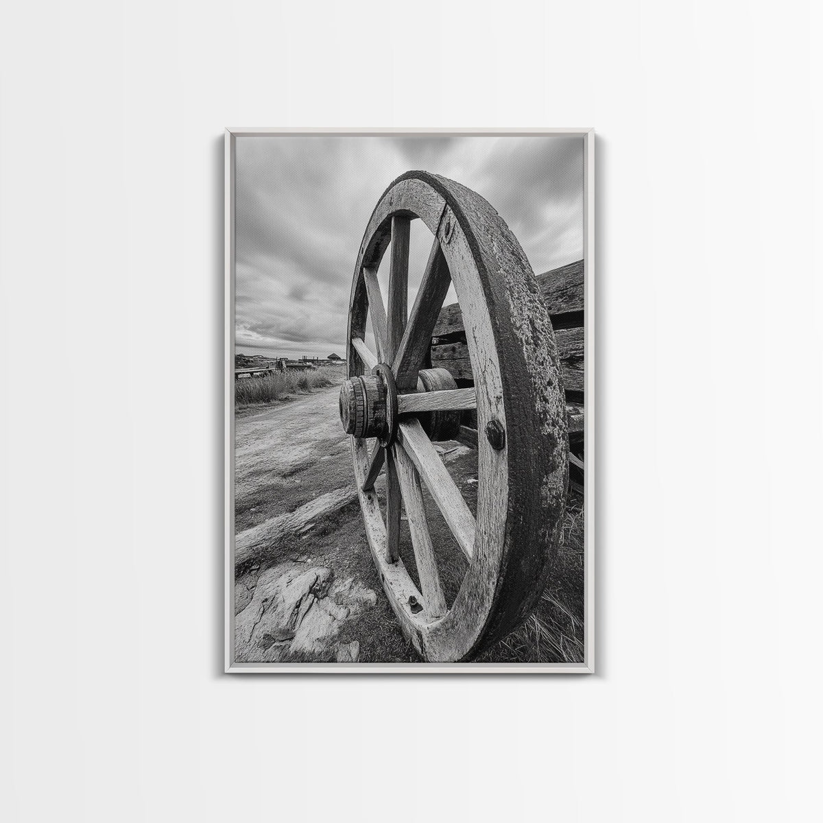 Rustic Wagon Wheel, Country Road, Western Wall Decor, Framed Canvas Print, Farmhouse Style, Living Room Art, Vintage Photography