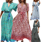 Women's V-Neck Tie-Waist Printed Bohemian Dress Short Sleeve Floral Maxi Dress Summer — product image