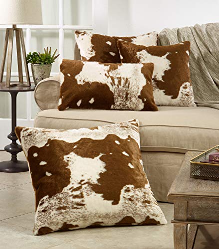 Fennco Styles Rustic Faux Fur Cowhide 18" W x 18" L Decorative Throw Pillow Case – Brown Fur Pillow Case for Couch, Bedroom and Living Room Décor