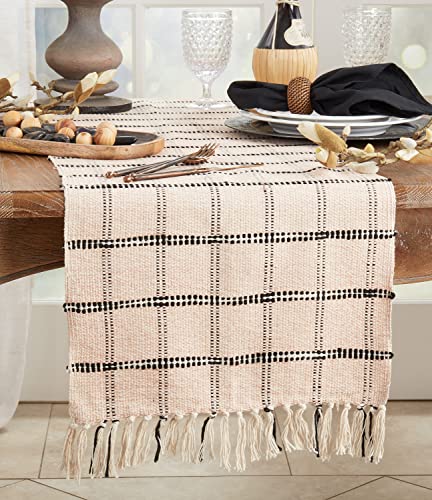 Fennco Styles Woven Checker Tassel Cotton Table Runner 16" W x 72" L – Natural Rustic Table Cover for Dining Table, Banquets, Family Gathering, Farmhouse Events and Home Décor