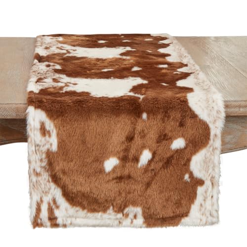 Fennco Styles Rustic Faux Fur Cowhide Table Runner 16 x 72 Inch – Brown Table Runner for Banquets, Family Gathering, Special Events, and Home Décor