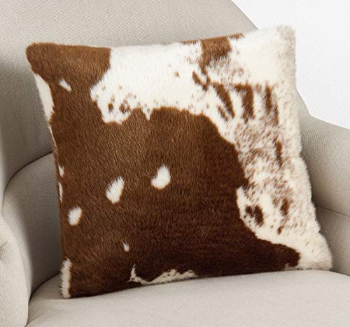 Fennco Styles Rustic Faux Fur Cow Hide 18 x 18 Inch Decorative Throw Pillow with Case & Insert – Brown Fur Pillow for Couch, Bedroom and Living Room Décor