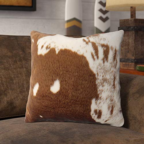 Fennco Styles Rustic Faux Fur Cow Hide 18 x 18 Inch Decorative Throw Pillow with Case & Insert – Brown Fur Pillow for Couch, Bedroom and Living Room Décor