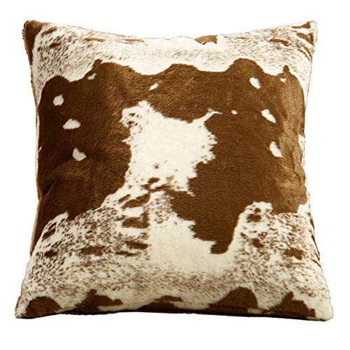 Fennco Styles Rustic Faux Fur Cow Hide 18 x 18 Inch Decorative Throw Pillow with Case & Insert – Brown Fur Pillow for Couch, Bedroom and Living Room Décor