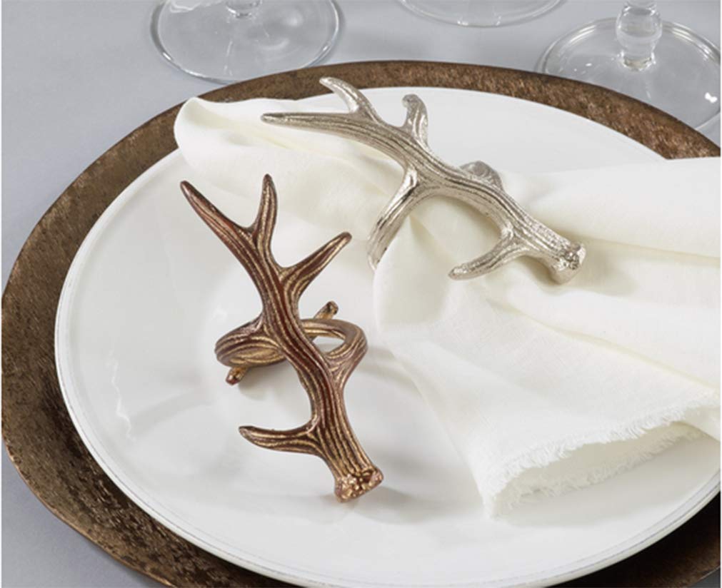 Fennco Styles Rustic Antler Design Aluminum Napkin Rings, Set of 4- Bronze Branch Napkin Holders for Home Decor, Banquets, Holiday and Special Occasions