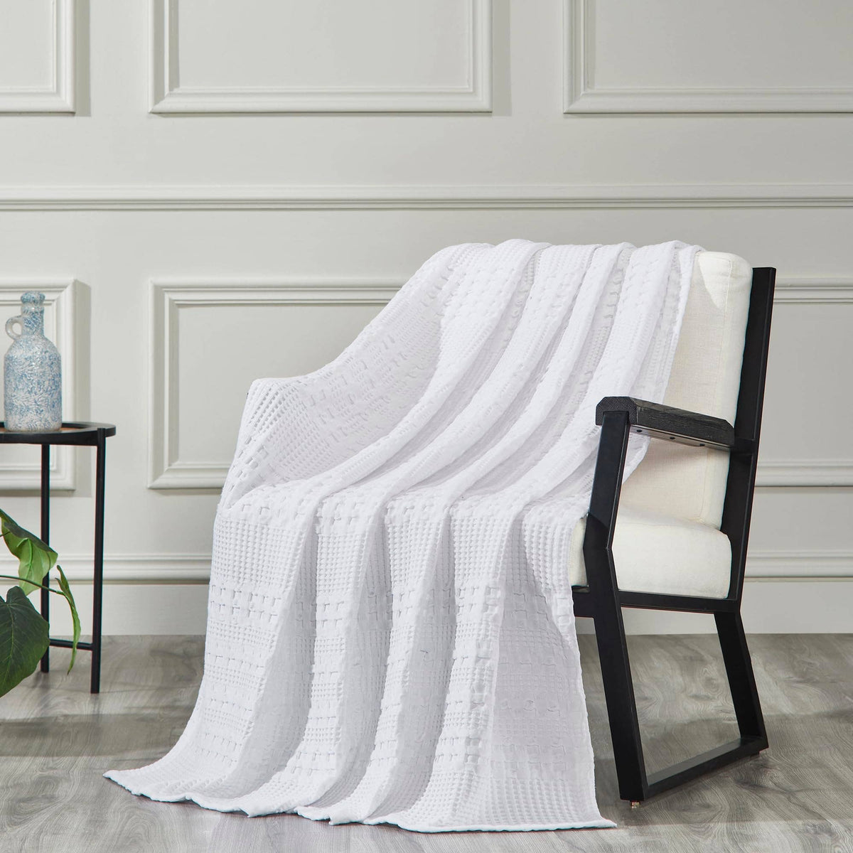 VHC Brands Waffle Weave White Throw 50x60 - Decorative Cotton Blanket for Farmhouse & Boho Decor — product image