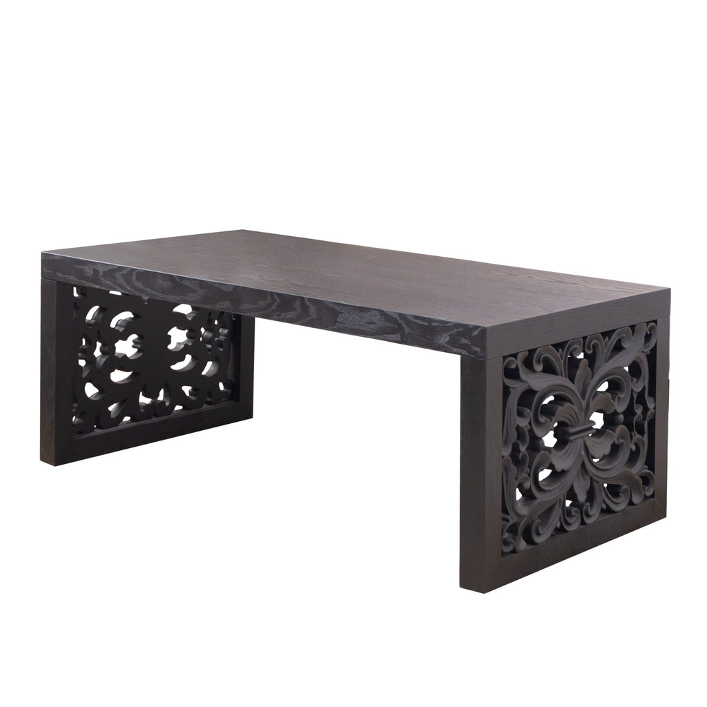 Rustic Carved Wood Coffee Table, Handcrafted Look With Ornate Side Panels