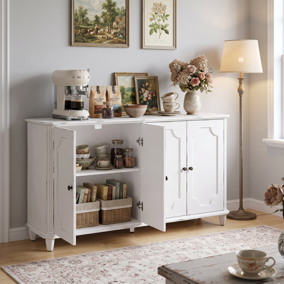 Vintage Distressed Sideboard Buffet Cabinet with Ample Storage - Distressed White