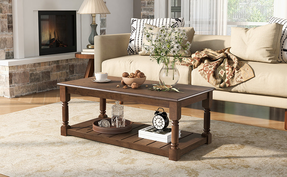 Farmhouse Wooden Coffee Table with Two-Tier Storage - Natural Wood Finish