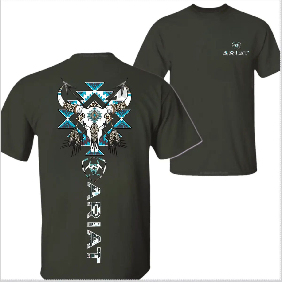 Ariat Western Bull Skull T-Shirt - Tribal Graphic with Turquoise Accents, Rodeo Style Gift Tee