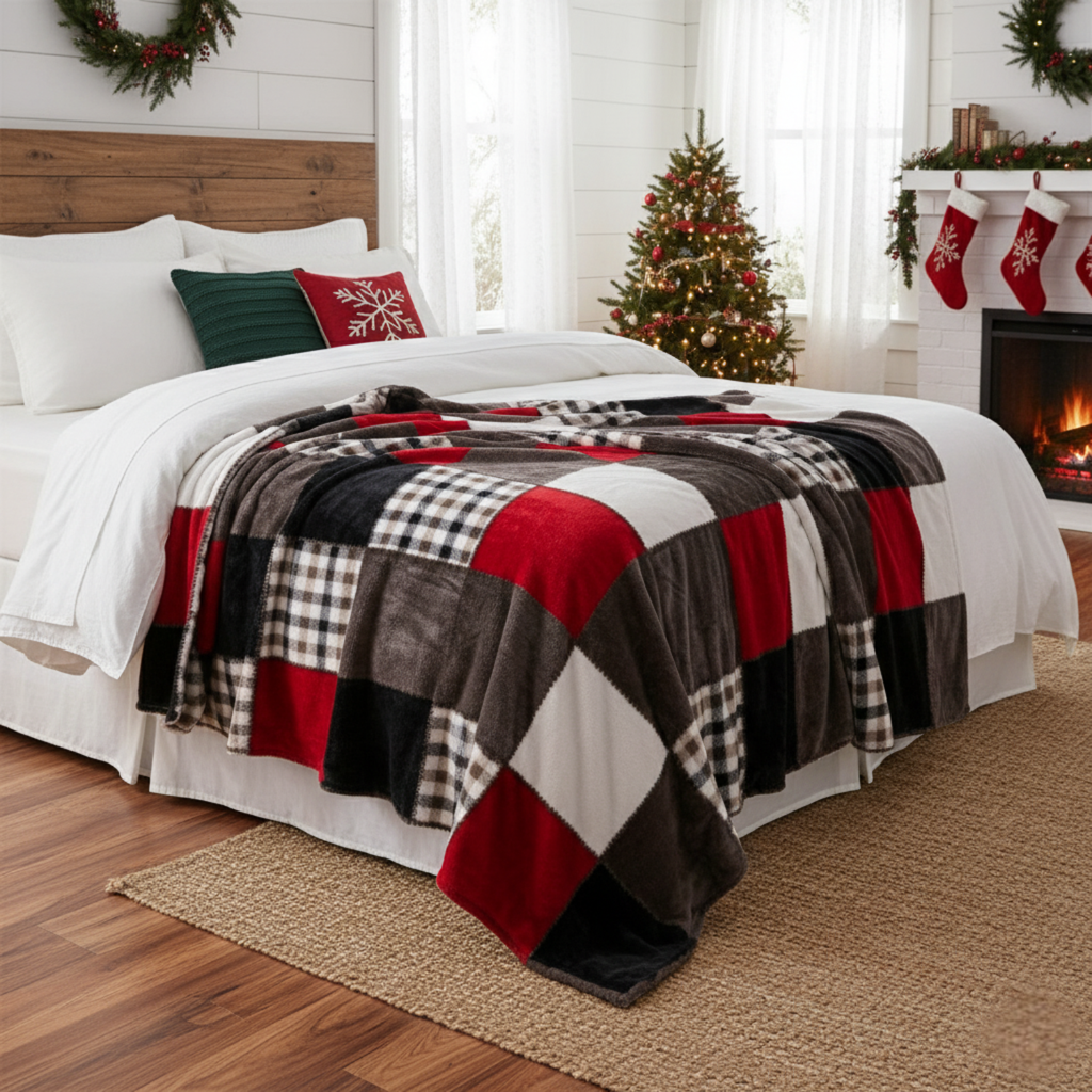 Tache Brown Red Sunset Maple Farmhouse Plaid Patchwork Throw Blanket (4025)